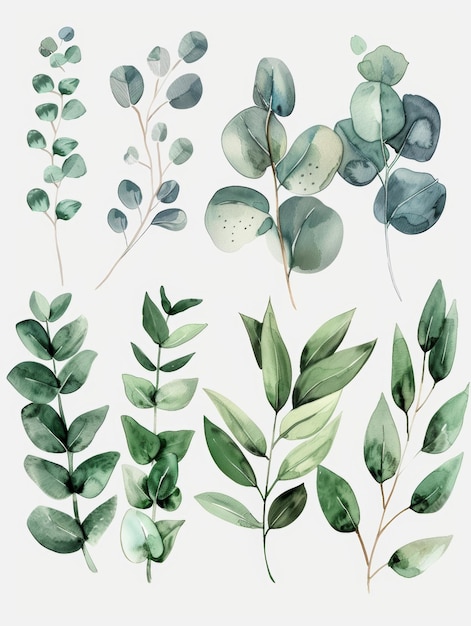 Photo illustration florale à l'aquarelle des feuilles et des branches d'eucalyptus ia générative