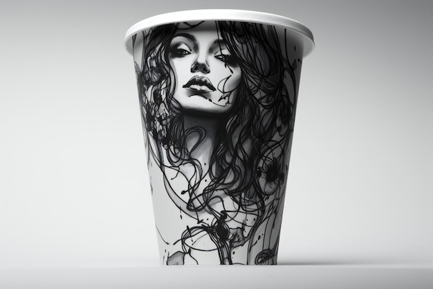 Photo illustration d'une tasse en papier avec un beau visage de femme
