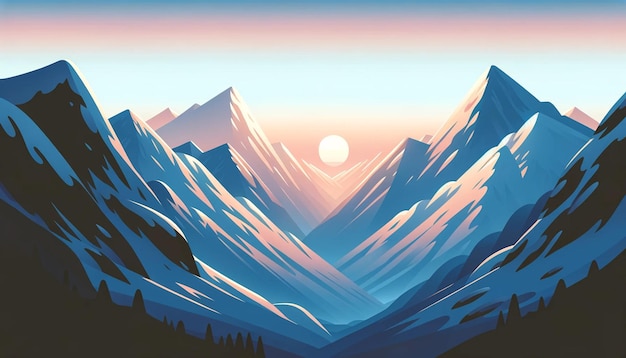 Photo une illustration vectorielle plate une scène de montagne hivernale à l'aube