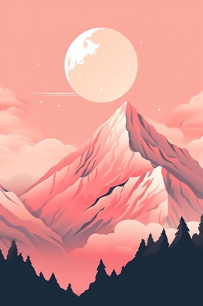 Photo montagne rose avec la lune dans le ciel