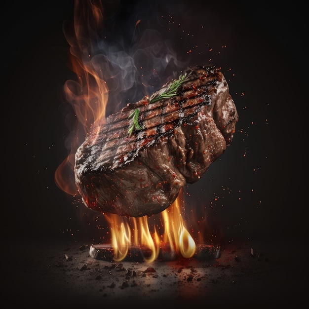 Photo un steak avec un brin de romarin et d'herbes dessus sur un gril de viande grillée ai généré