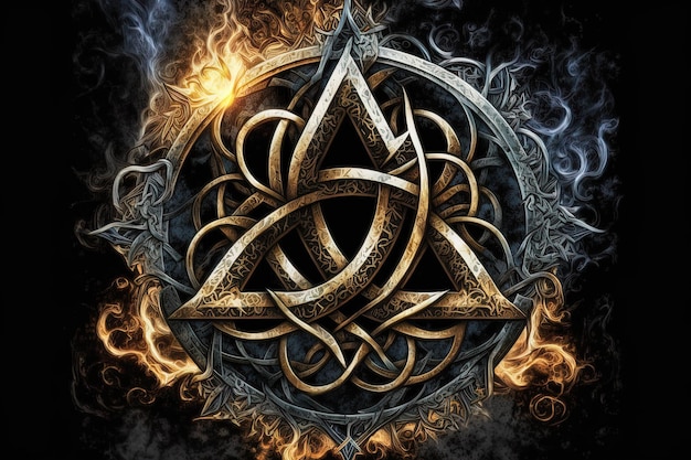 Photo symbole arcanique ai génératif avec effet de feu et de glace symbole magique symbole asgard runes et symbole triangle avec couleur or et métal
