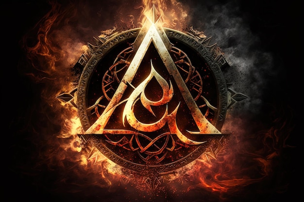 Photo symbole arcanique ai génératif avec effet de feu et de glace symbole magique symbole asgard runes et symbole triangle avec couleur or et métal