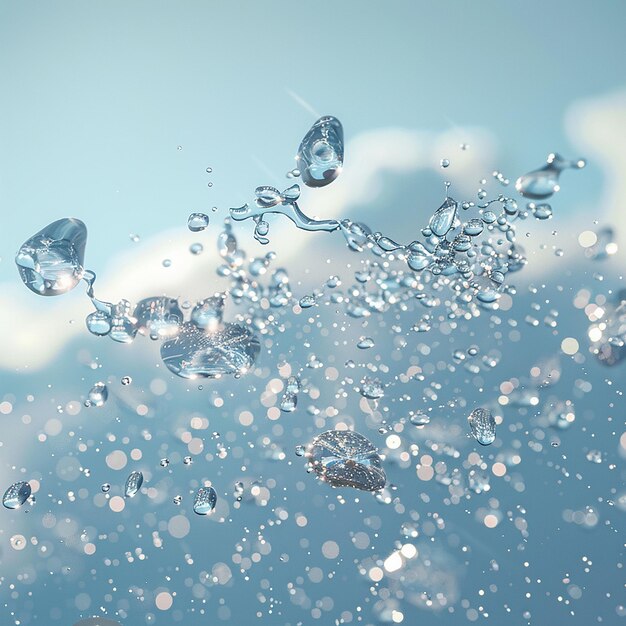 Photo une photo 3d de gouttelettes d'eau cristallines volant sur un fond bleu du ciel flou