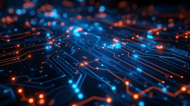Photo un rendu numérique d'une carte de circuit imprimé avec des lumières bleues et orange brillantes