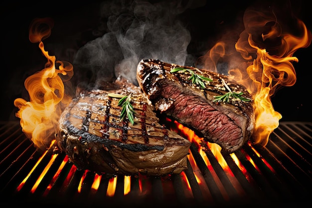 Photo viande sur le barbecue avec feu sur fond sombre ai générative