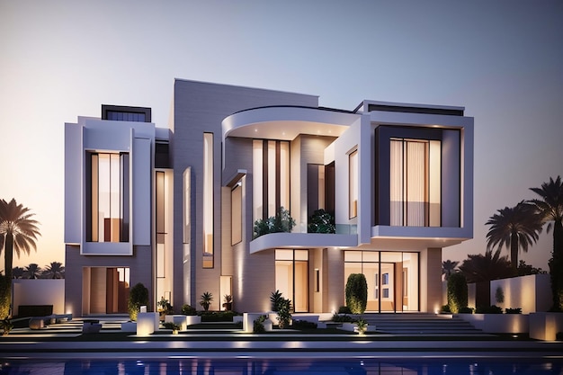 Visualisation 3D d'une villa à Dubaï, architecture moderne, éclairage du soir de la façade