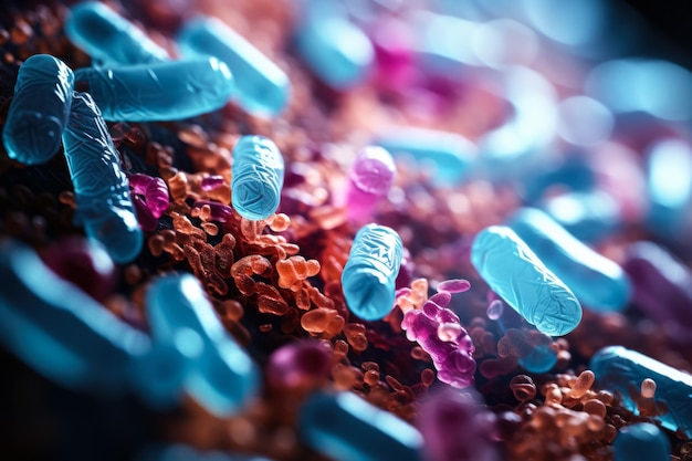 Photo vue macro ultra rapprochée des bactéries probiotiques qui pullulent dans l'intestin humain
