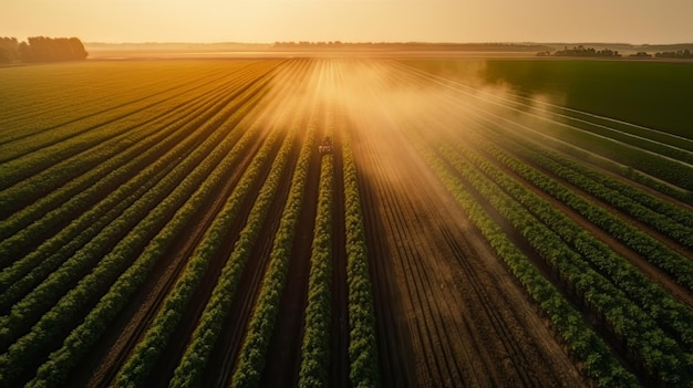 Photo vue aérienne du tracteur pulvérisant des pesticides sur la plantation de soja vert au coucher du soleil generative ai