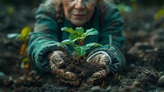 Photo vue rapprochée des mains d'un jeune agriculteur plantant des semis dans le jardin