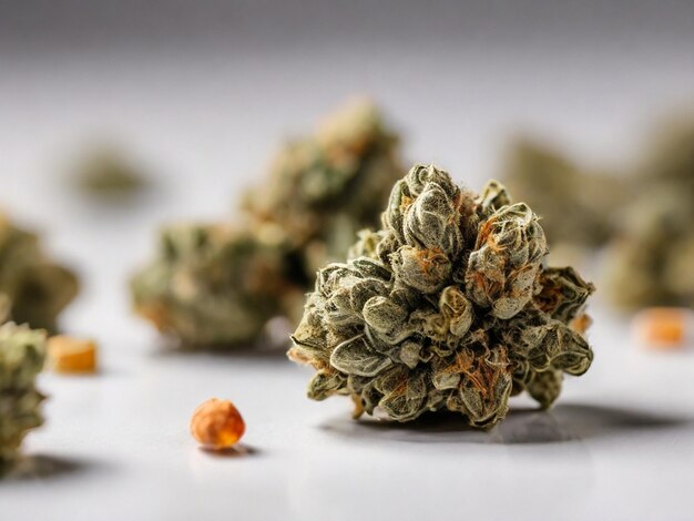 Photo vue rapprochée sélective du cannabis sec sur une surface blanche