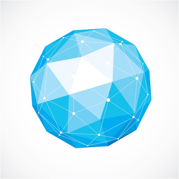 Vector 3d vector digital wireframe spherical object made using triangular facets. geometric polygonal structure created with lines mesh. low poly shape, blue lattice form for use in web design.