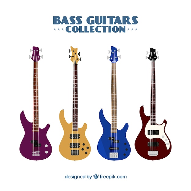 Коллекция четырех цветных бас-гитар