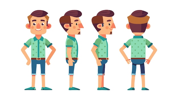 Vector cartoon character in multiple poses and angles wearing a green shirt and shorts