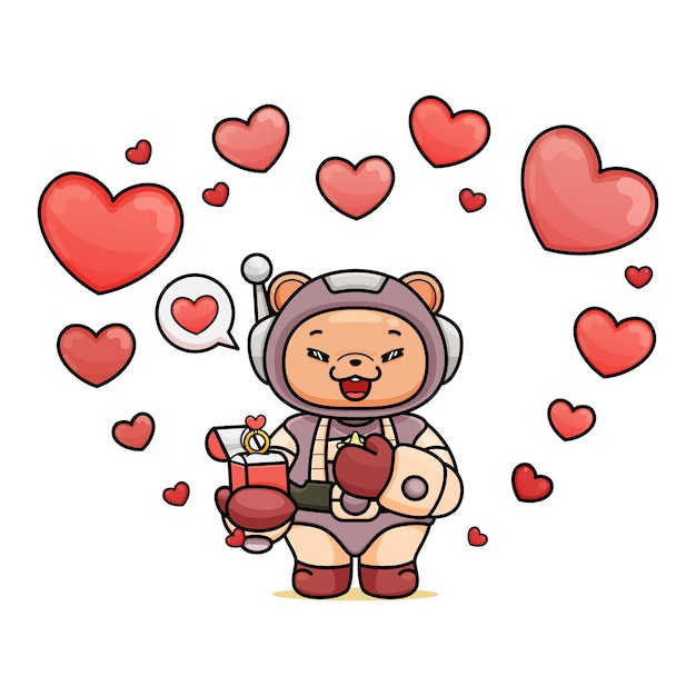Cartoon cute bear in astronaut costume holding a ring box and giving it with love BG