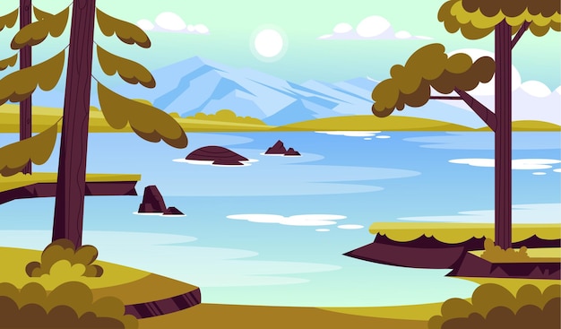Vector a cartoon image of a lake with mountains in the background.
