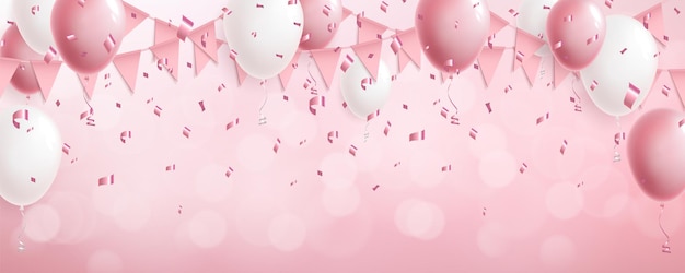 Вектор Празднование милый розовый фон с воздушными шарами, флаговой гирляндой и конфетти из фольги