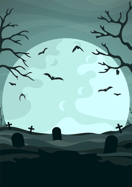 Вектор Кладбище на фоне луны с летучими мышами. карикатурная иллюстрация. вектор.