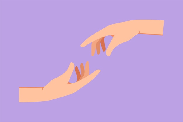 Vettore carattere piatto disegno due mani umane che si raggiungono segno o simbolo di amore speranza cura aiutare toccando comunicazione con gesti delle mani per l'educazione cartoon design illustrazione vettoriale