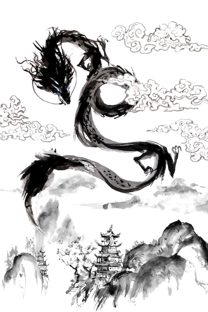 Vector chinese dragon watercolor ink painting in the sky 1