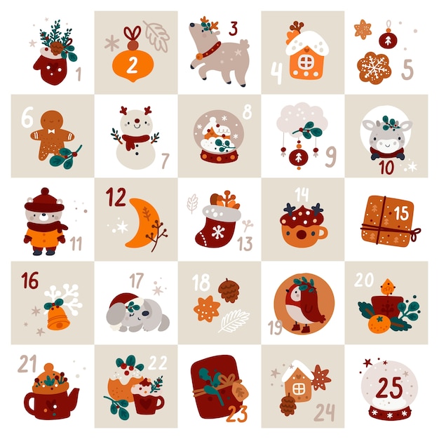 Вектор Рождественский адвент-календарь с праздничными украшениями и цифрами. рождественская тема