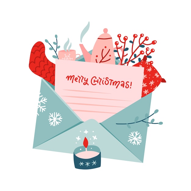 Вектор Рождественский букет с письмом в конверте. набор омелы, носок вязаный, чайник, подушка