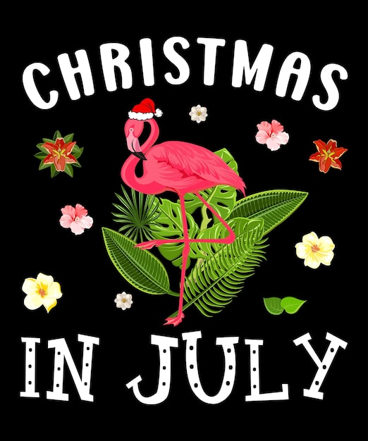 Christmas in July funny summer shirt design, flamingo santa's hat tropical floral vector