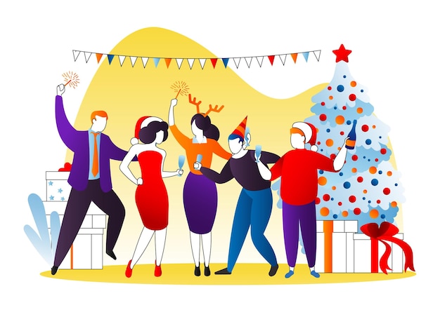 Вектор Векторная иллюстрация рождественской вечеринки счастливые мультяшные люди мужчина женщина персонаж на корпоративном празднике