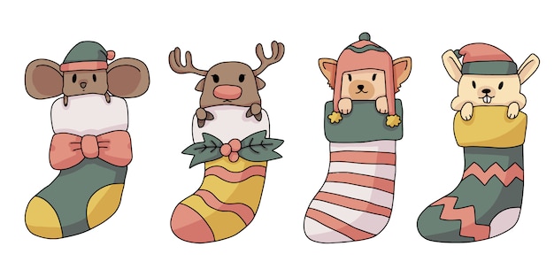 Рождество оленей, крысы, кошки и кролика внутри носки милые иллюстрации