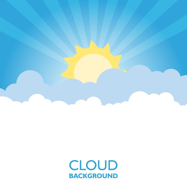 Clouds in the sky with sun rays Flat vector illustration in cartoon style Blue colorful background