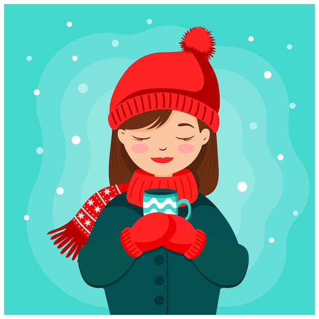 Вектор Симпатичная девушка в шляпе и варежках с чашкой чая и небом со снежинками. зимняя иллюстрация
