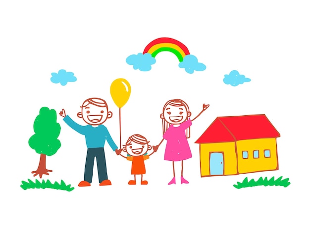 Вектор Симпатичный рисунок от руки ребенка о счастливой семье