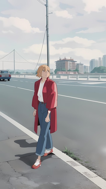 Вектор Мультфильм девушки на улице в красном пиджаке