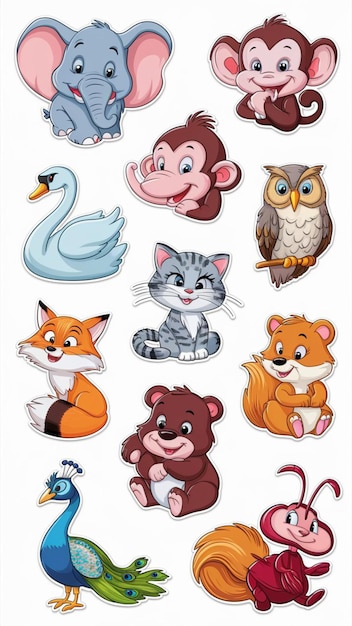 Вектор Коллаж мультфильмов с животными, включая наклейки на мышей