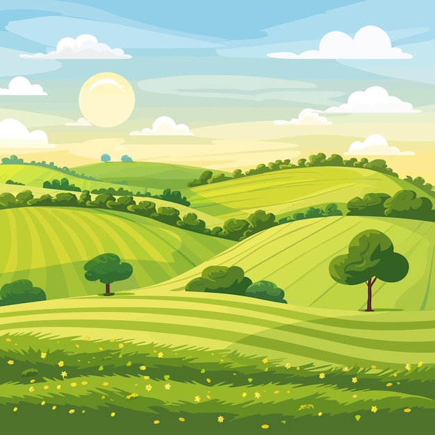 Вектор Зеленое поле с полем пшеницы и солнце с деревьями и солнцем на заднем плане