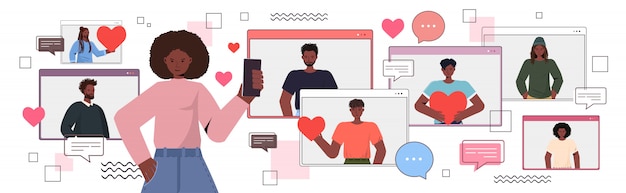 афроамериканец женщина, используя смартфон в чате в приложении онлайн знакомств с мужчинами в веб-браузере windows социальные отношения связь горизонтальная иллюстрация