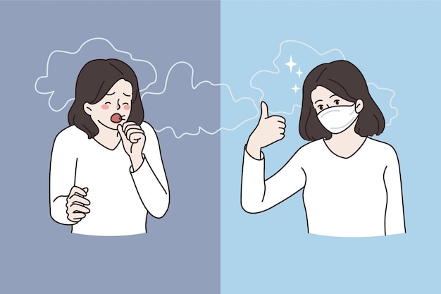 Загрязнение воздуха и концепция дыма. Молодая женщина мультипликационный персонаж стоя кашляет и носит защитную маску для лица от дыма векторная иллюстрация