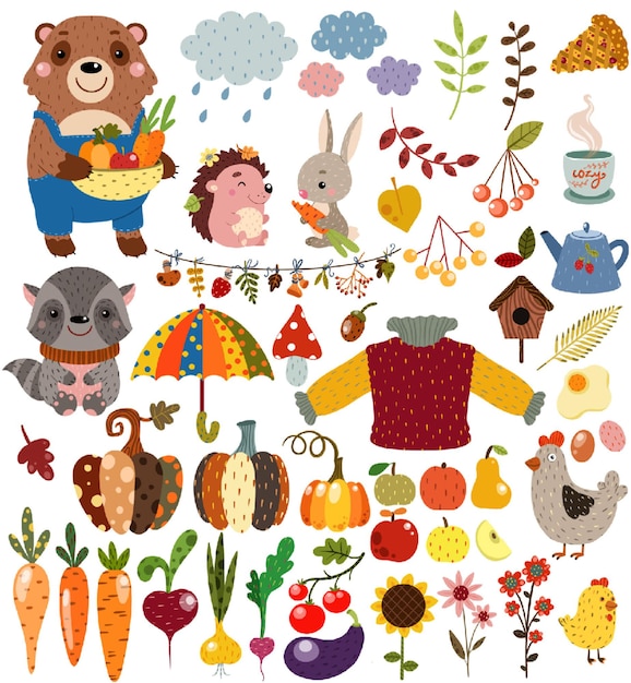 Вектор Осенний набор с лесными дикими животными и овощами, фруктами и декором