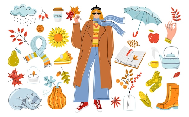 Вектор Осенний векторный набор с современной девушкой в пальто