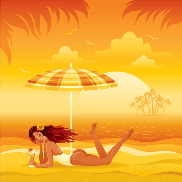 Beach landscape with tan girl in bikini laying under the umbrella with cocktail. Summer woman fashion illustration.