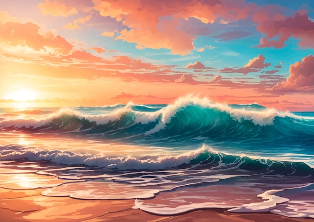 Vector beautiful wave breaking on the beach at sunset natural background