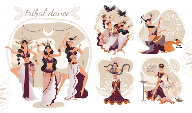 Вектор Красивые женщины, исполняющие ритуальные танцы, иллюстрация этнического племени