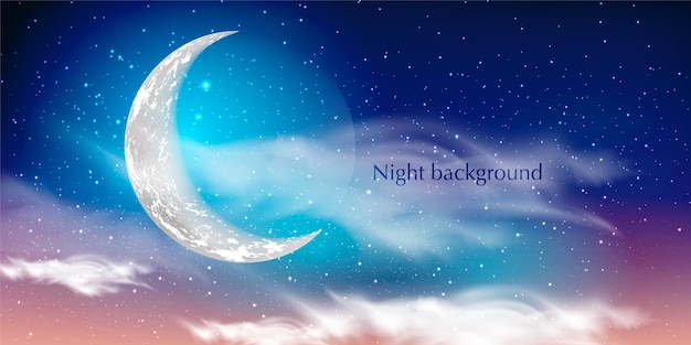 Blue dark Night sky background with  moon, clouds and stars. Moonlight night.