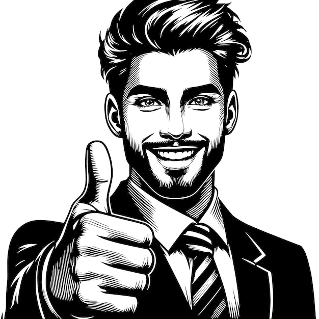 Вектор Черно-белый силуэт индийского парня в позитивной счастливой позе и с поднятыми пальцами