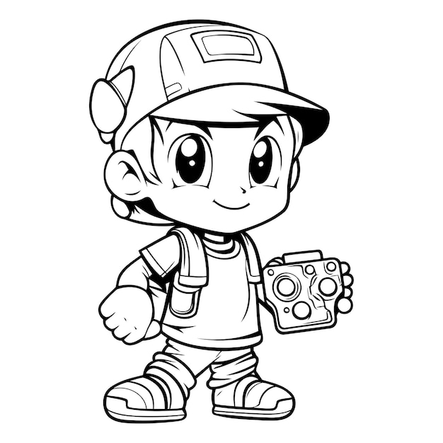 Vector black and white cartoon illustration of cute little boy holding a camera for coloring book