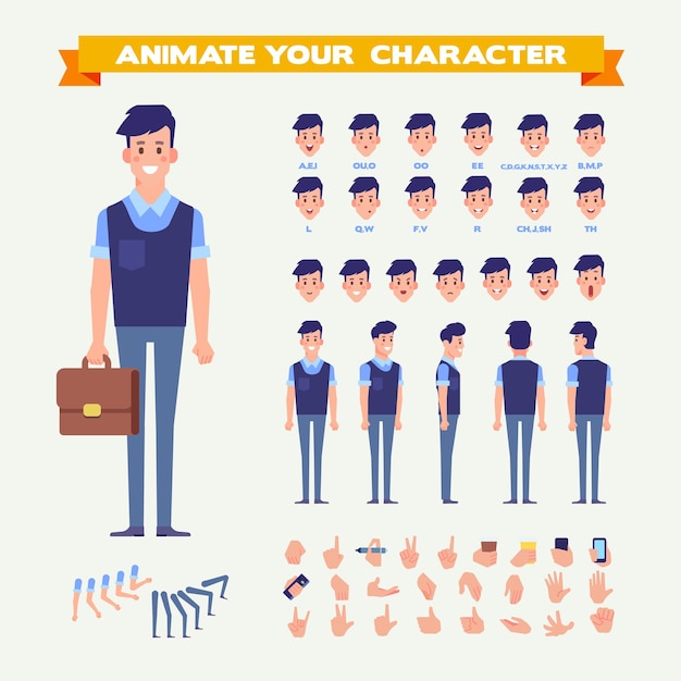 Vector business man for animation with various  emotions lip sync and gestures