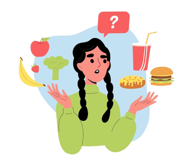 Вектор Девочка выбирает концепцию еды здоровое и нездоровое питание банановое яблоко против гамбургера и колы женщина с правильной и неправильной диетой карикатура плоская векторная иллюстрация изолирована на белом фоне