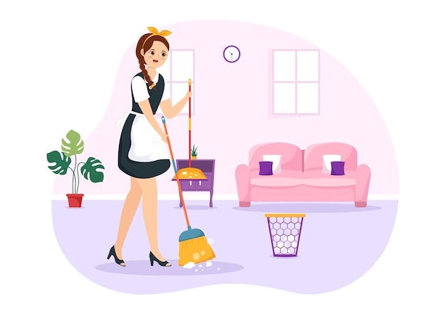 Вектор Девушка-горничная иллюстрация службы уборки в униформе с фартуком для уборки дома