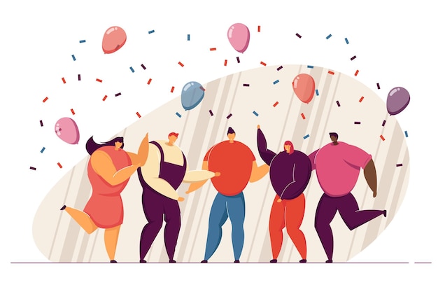 Вектор Группа друзей, празднующих день рождения или успех команды. счастливые люди танцуют на вечеринке с конфетти и воздушными шарами, веселятся вместе. для совместной работы, празднования, корпоративной вечеринки