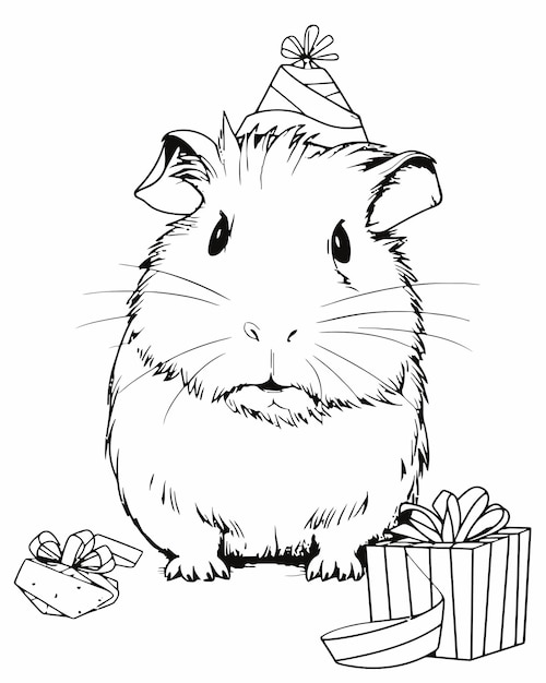 Морская свинка в праздничной шляпе и с подарком.